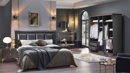 Set Dormitor Carlino , Sifonier 5 usi, Pat 160x200, culoare Prada - Gri  Magazin CARLINO5USI160