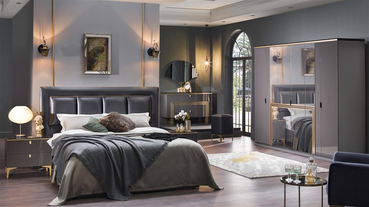 Set Dormitor Carlino , Sifonier 6 usi, Pat 160x200, culoare Prada - Gri  Spring Sale pana la 50% CARLINO6USI160