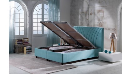 Pat tapitat cu lada de depozitare Verso, 180x200cm, culoare Turcuaz, picior culoare Nuc BELLONA Paturi tapitate cu lada - LA ...