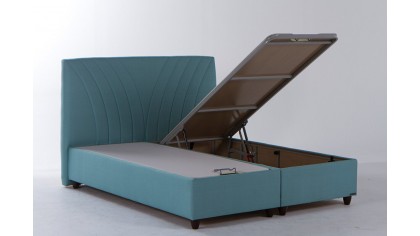 Pat tapitat cu lada de depozitare Verso, 180x200cm, culoare Turcuaz, picior culoare Nuc BELLONA Paturi tapitate cu lada - LA ...