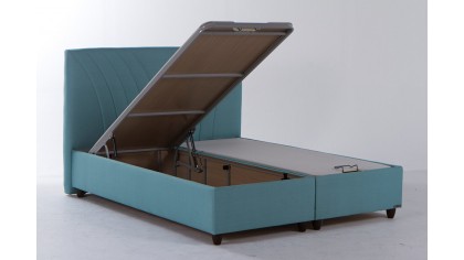 Pat tapitat cu lada de depozitare Verso, 180x200cm, culoare Turcuaz, picior culoare Nuc BELLONA Paturi tapitate cu lada - LA ...