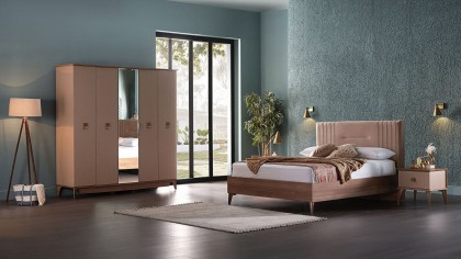 Set Dormitor Alvis, Sifonier 5 usi, Pat 160x200, culoare Nuc  Magazin DORALVIS5USI160