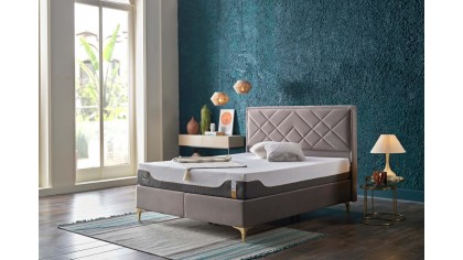 Pat tapitat cu lada si somiera rabatabila Petra S, culoare Gri, Picior Auriu BELLONA Paturi Tapitate