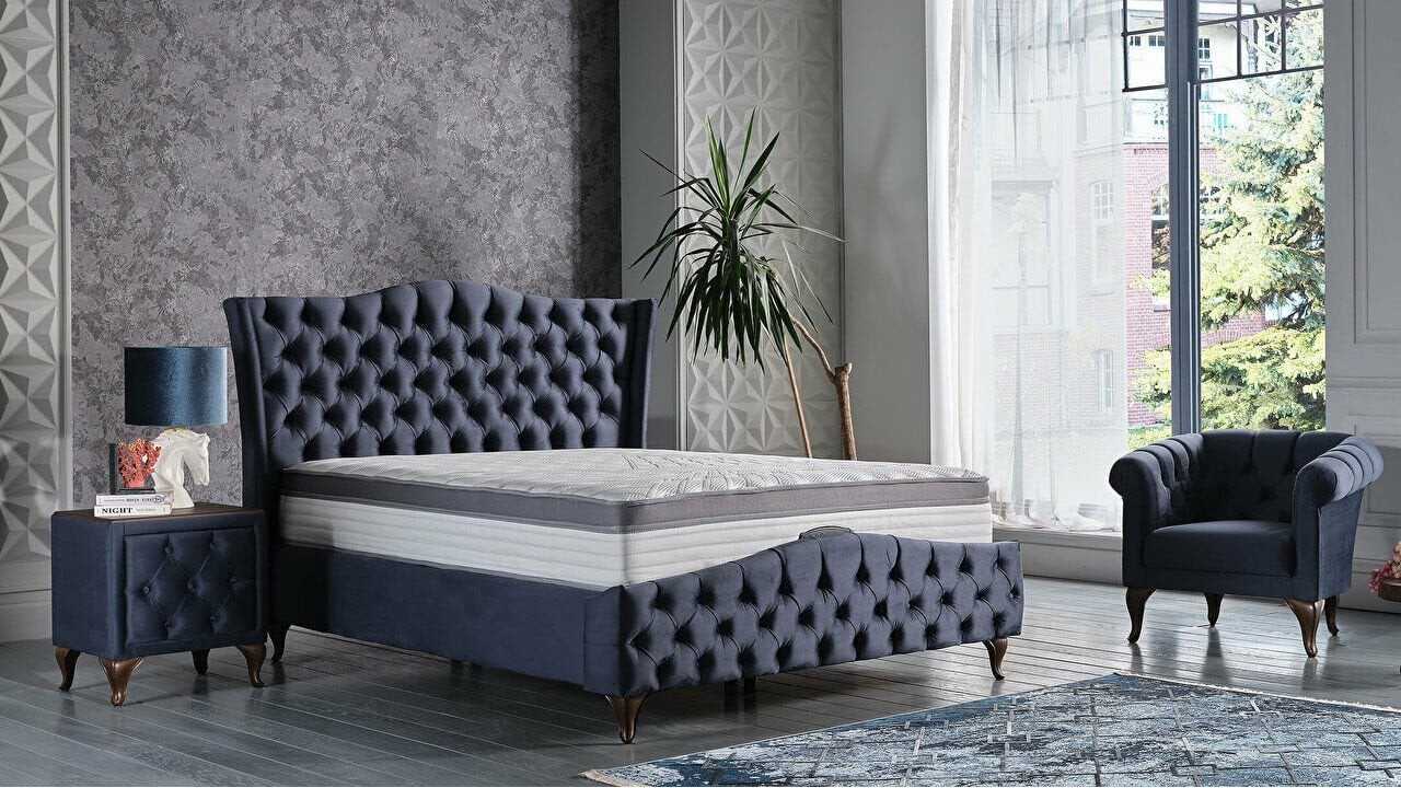 Set Pat tapitat cu lada si somiera rabatabila Estonya, 160x200, culoare Albastru, culoare picior Nuc BELLONA O U T L E T