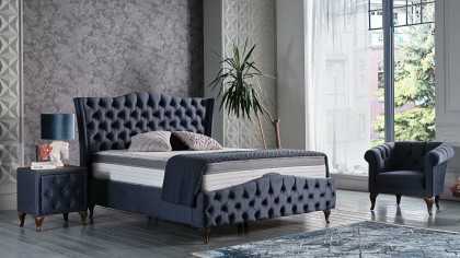 Set Pat tapitat cu lada si somiera rabatabila Estonya, 160x200, culoare Albastru, culoare picior Nuc BELLONA O U T L E T