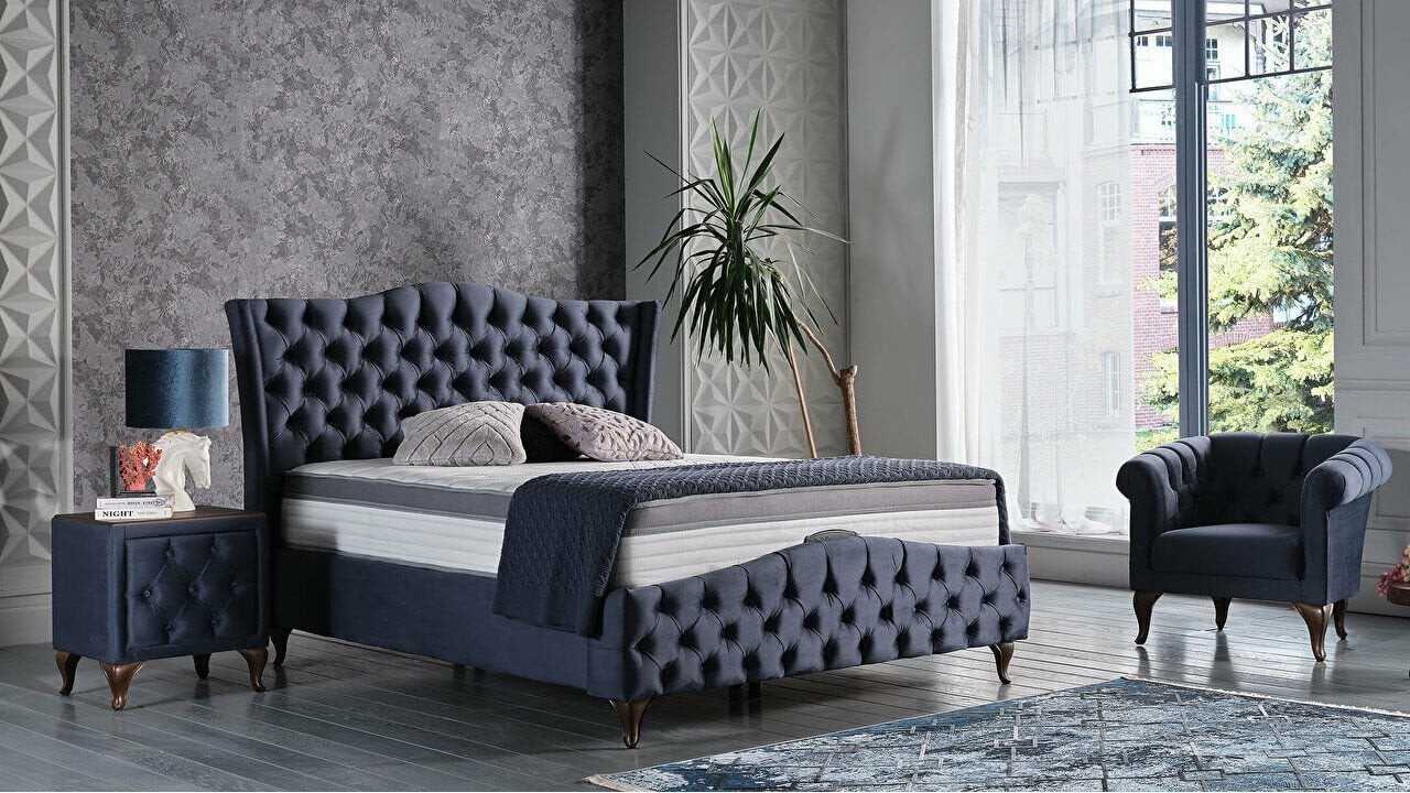 Set Pat tapitat cu lada si somiera rabatabila Estonya, 160x200, culoare Albastru, culoare picior Nuc BELLONA O U T L E T