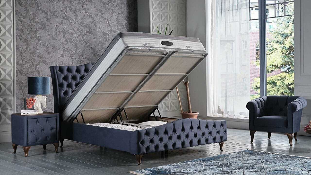 Set Pat tapitat cu lada si somiera rabatabila Estonya, 160x200, culoare Albastru, culoare picior Nuc BELLONA O U T L E T