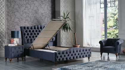 Set Pat tapitat cu lada si somiera rabatabila Estonya, 160x200, culoare Albastru, culoare picior Nuc BELLONA O U T L E T
