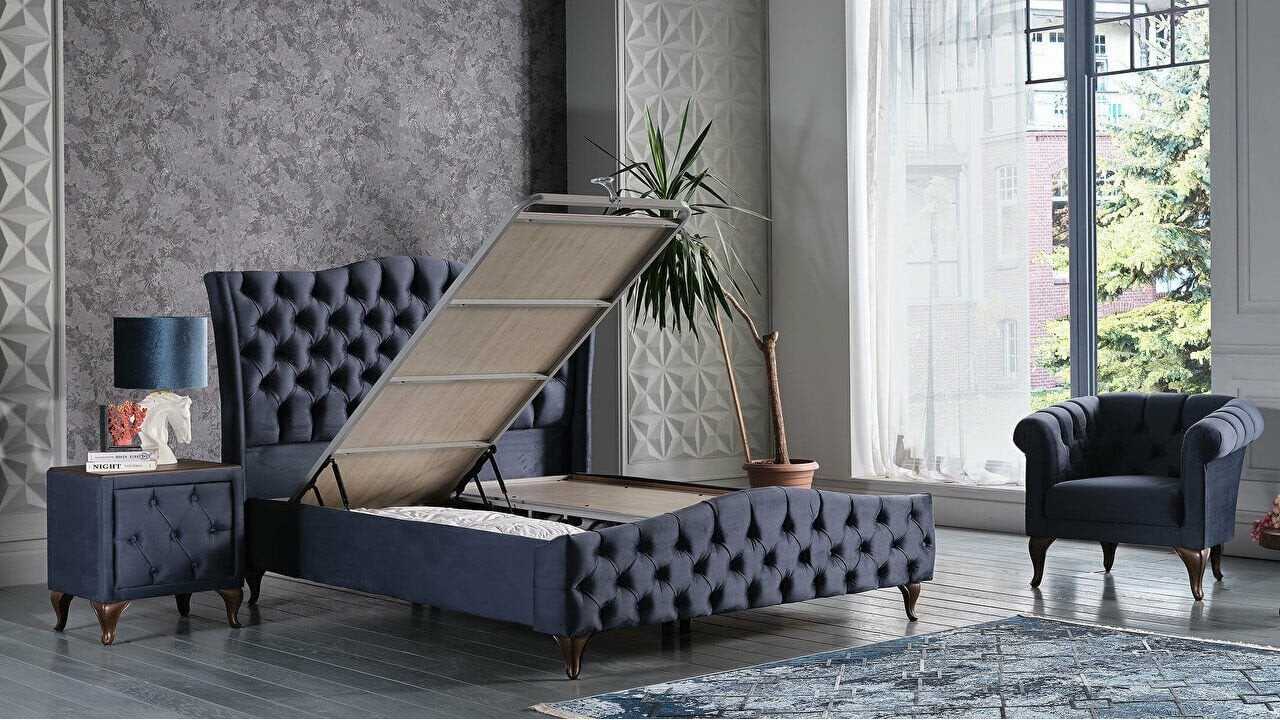 Set Pat tapitat cu lada si somiera rabatabila Estonya, 160x200, culoare Albastru, culoare picior Nuc BELLONA O U T L E T