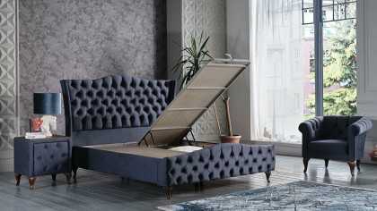 Set Pat tapitat cu lada si somiera rabatabila Estonya, 160x200, culoare Albastru, culoare picior Nuc BELLONA O U T L E T