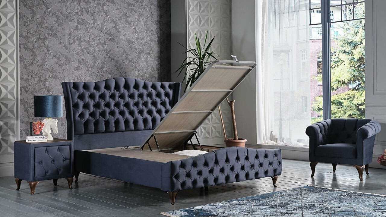Set Pat tapitat cu lada si somiera rabatabila Estonya, 160x200, culoare Albastru, culoare picior Nuc BELLONA O U T L E T