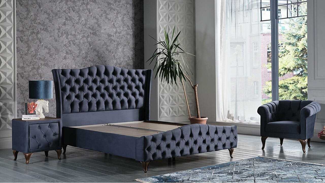 Set Pat tapitat cu lada si somiera rabatabila Estonya, 160x200, culoare Albastru, culoare picior Nuc BELLONA O U T L E T Set Pat tapitat cu lada si somiera rabatabila Estonya, 160x200, culoare Albastru, culoare picior Nuc BELLONA O U T L E T