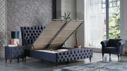 Set Pat tapitat cu lada si somiera rabatabila Estonya, 160x200, culoare Albastru, culoare picior Nuc BELLONA O U T L E T