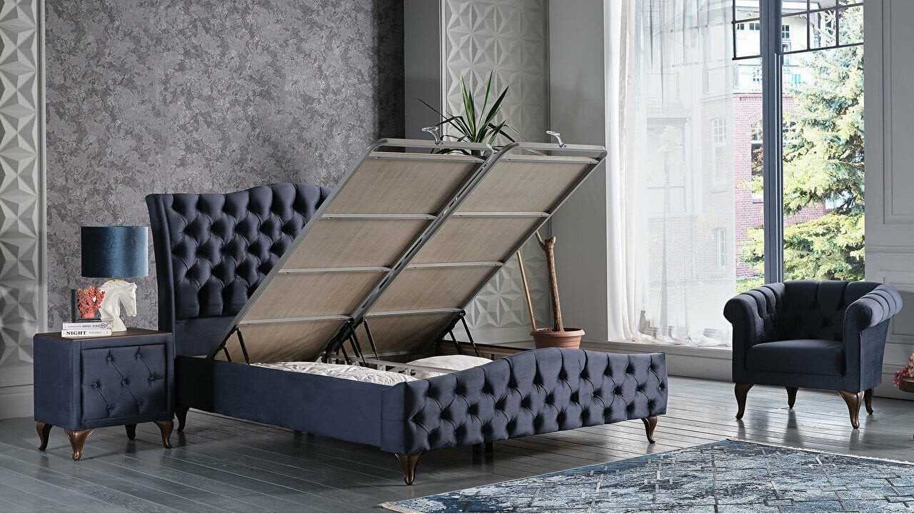 Set Pat tapitat cu lada si somiera rabatabila Estonya, 160x200, culoare Albastru, culoare picior Nuc BELLONA O U T L E T