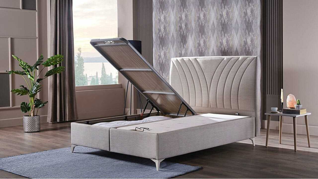 Pat tapitat cu lada de depozitare Verso S, 160x200cm, culoare Crem, picior culoare Fildes BELLONA Paturi tapitate cu lada - L...