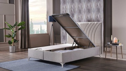 Pat tapitat cu lada de depozitare Verso S, 160x200cm, culoare Crem, picior culoare Fildes BELLONA Paturi tapitate cu lada - L...