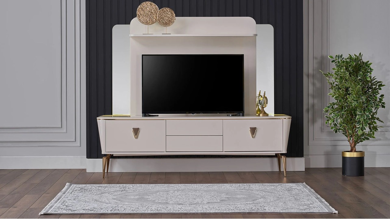 Vitrina Compacta TV Plaza, Culoare Fildes BELLONA Vitrina Compacta 22PZA3001FSFS+22PZA3003FSFS