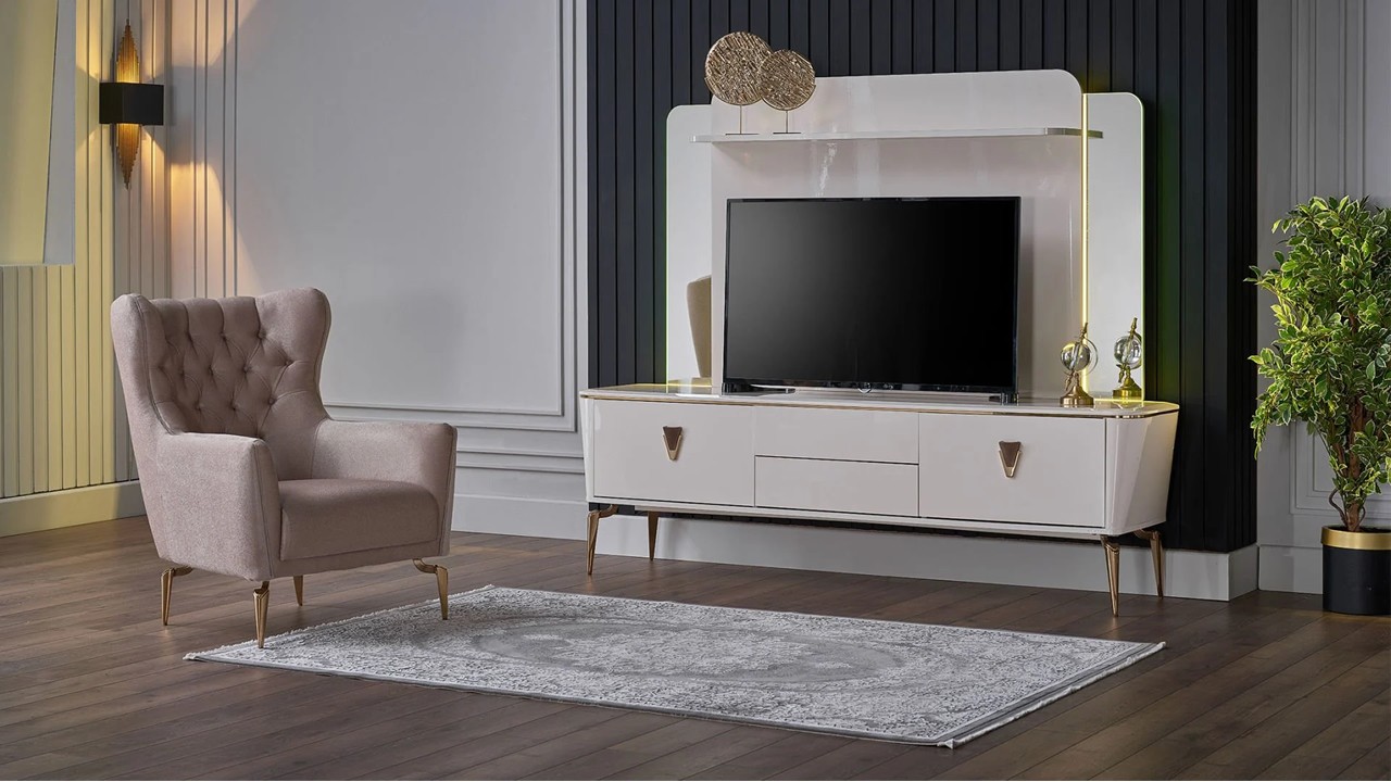 Vitrina Compacta TV Plaza, Culoare Fildes BELLONA Vitrina Compacta 22PZA3001FSFS+22PZA3003FSFS