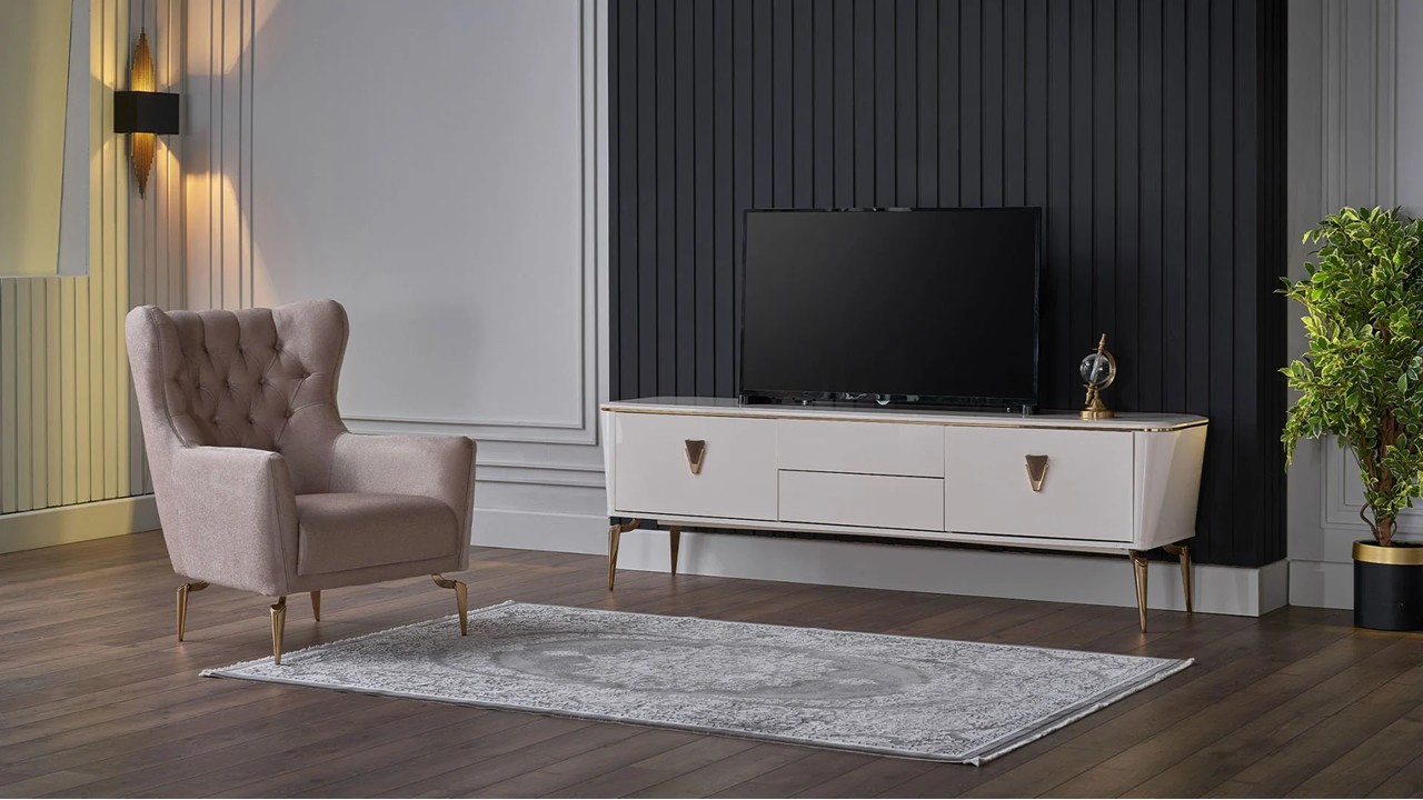 Vitrina Compacta TV Plaza, Culoare Fildes BELLONA Vitrina Compacta 22PZA3001FSFS+22PZA3003FSFS