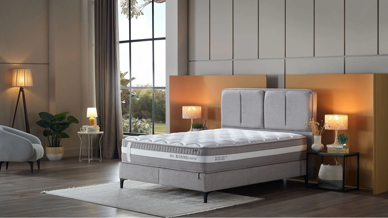 Pat tapitat cu lada si somiera rabatabila All Seasons Comfort 160x200, culoare Vizon, Picior Negru BELLONA Paturi tapitate cu...