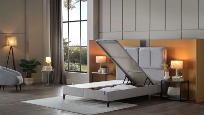 Pat tapitat cu lada si somiera rabatabila All Seasons Comfort 160x200, culoare Vizon, Picior Negru BELLONA Paturi tapitate cu...