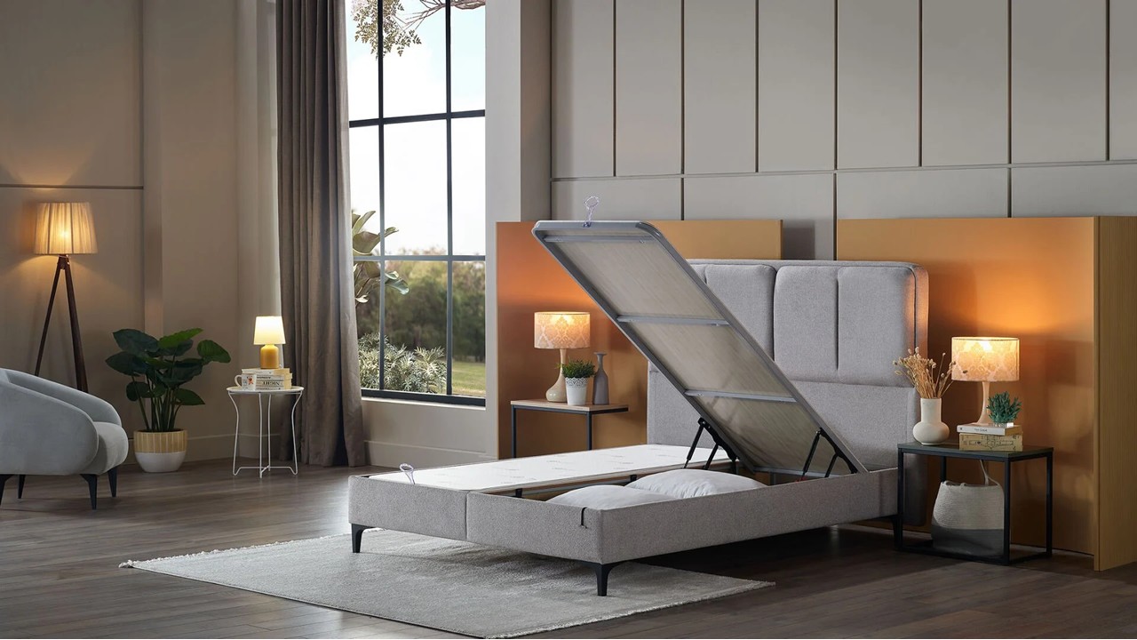 Pat tapitat cu lada si somiera rabatabila All Seasons Comfort 160x200, culoare Vizon, Picior Negru BELLONA Paturi tapitate cu...