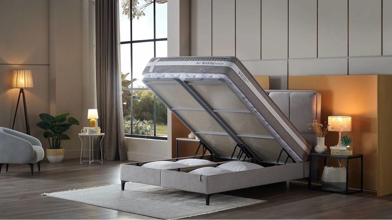 Pat tapitat cu lada si somiera rabatabila All Seasons Comfort 160x200, culoare Vizon, Picior Negru BELLONA Paturi tapitate cu...