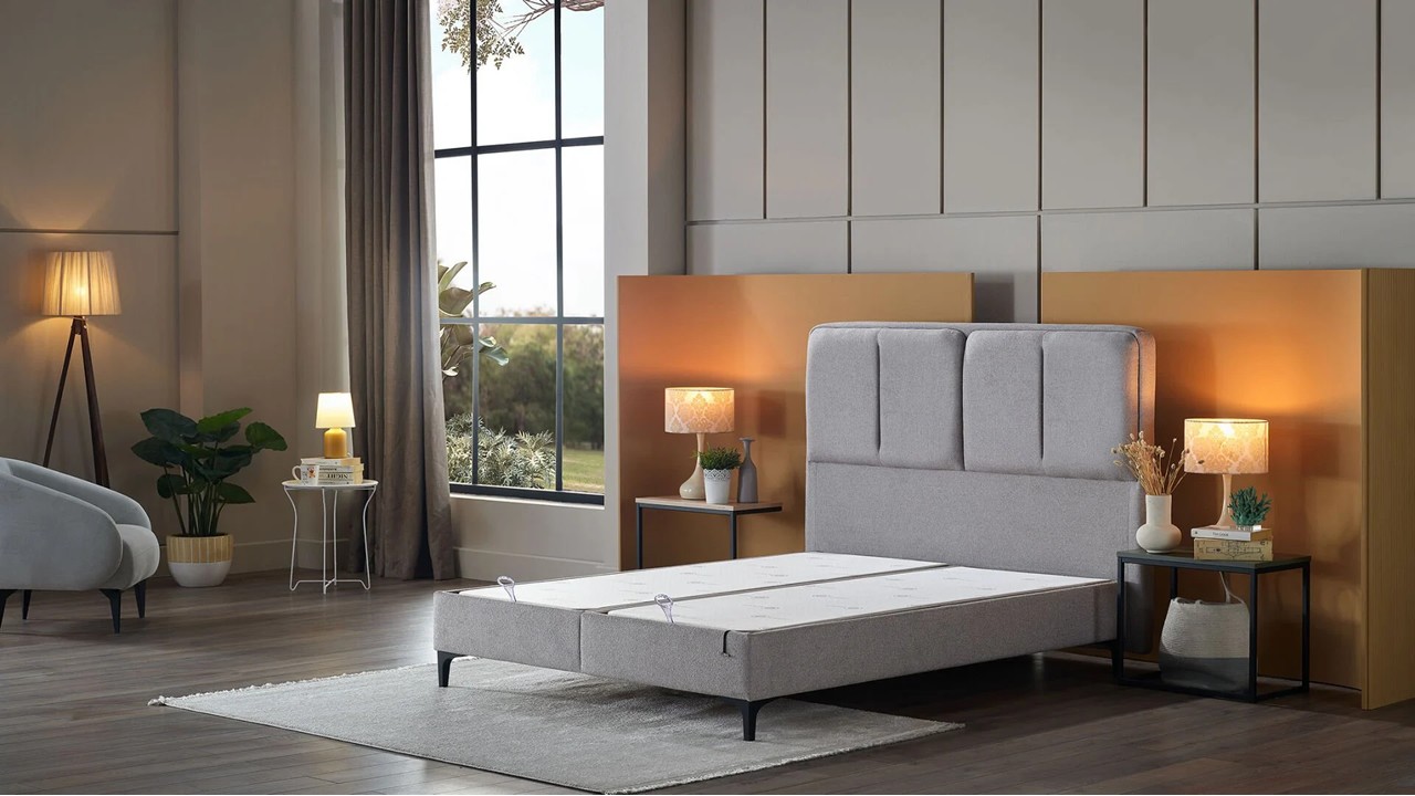 Pat tapitat cu lada si somiera rabatabila All Seasons Comfort 180x200, culoare Vizon, Picior Negru BELLONA Paturi tapitate cu...