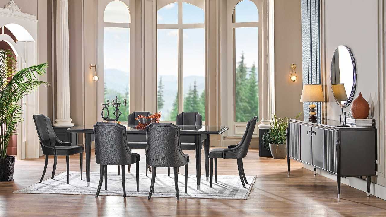 Set Dining Room Gravita cu Masa Extensibila si 6 scaune, Antracit  Seturi Dining Room SHOWROOMDINGRAVGRI
