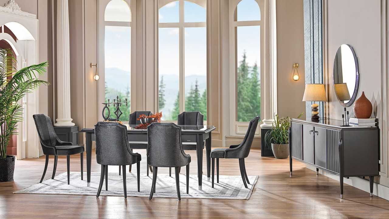 Set Dining Room Gravita cu Masa Extensibila si 6 scaune, Antracit  Seturi Dining Room SHOWROOMDINGRAVGRI