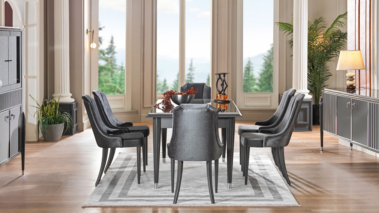 Set Dining Room Gravita cu Masa Extensibila si 6 scaune, Antracit  Seturi Dining Room SHOWROOMDINGRAVGRI