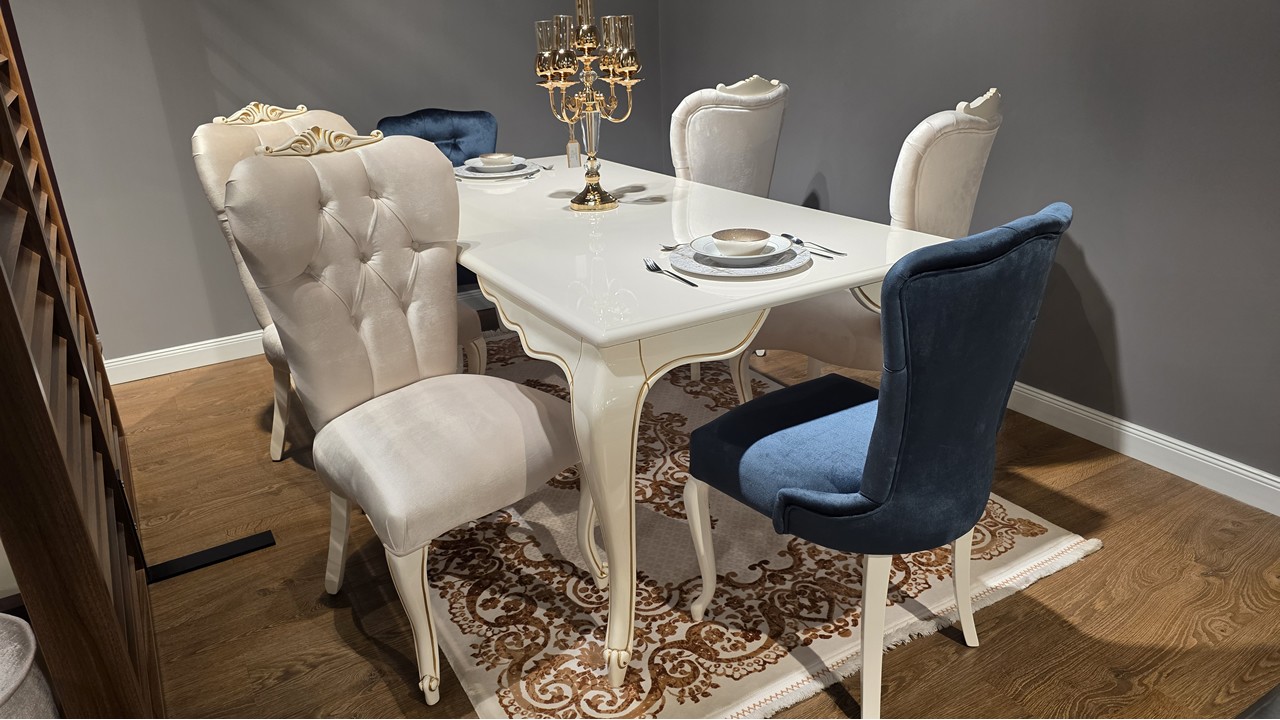 Set Masa Fixa cu 6 Scaune Mariana, fildes, finisaj auriu  O U T L E T SHO23MAA61600220001+23MAA61610220018+22MAA3150FSFS