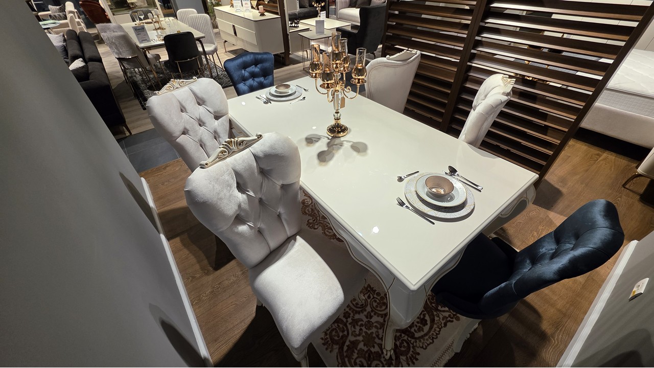 Set Masa Fixa cu 6 Scaune Mariana, fildes, finisaj auriu  O U T L E T SHO23MAA61600220001+23MAA61610220018+22MAA3150FSFS