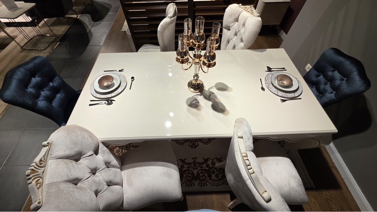 Set Masa Fixa cu 6 Scaune Mariana, fildes, finisaj auriu  O U T L E T SHO23MAA61600220001+23MAA61610220018+22MAA3150FSFS