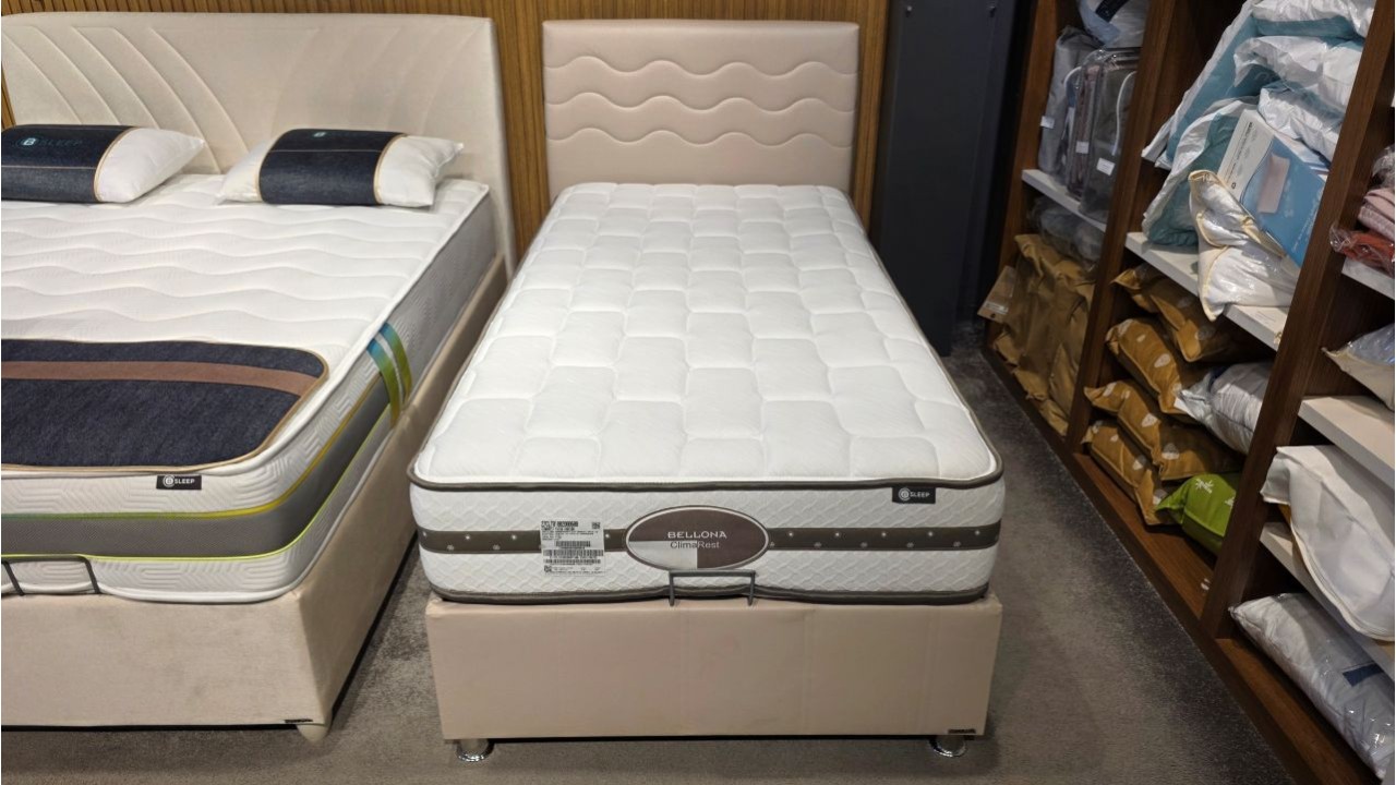 Set Pat tapitat cu lada si somiera rabatabila Twinjoy, 100x200cm, culoare Crem & Saltea ClimaRest BELLONA Paturi tapitate cu ...