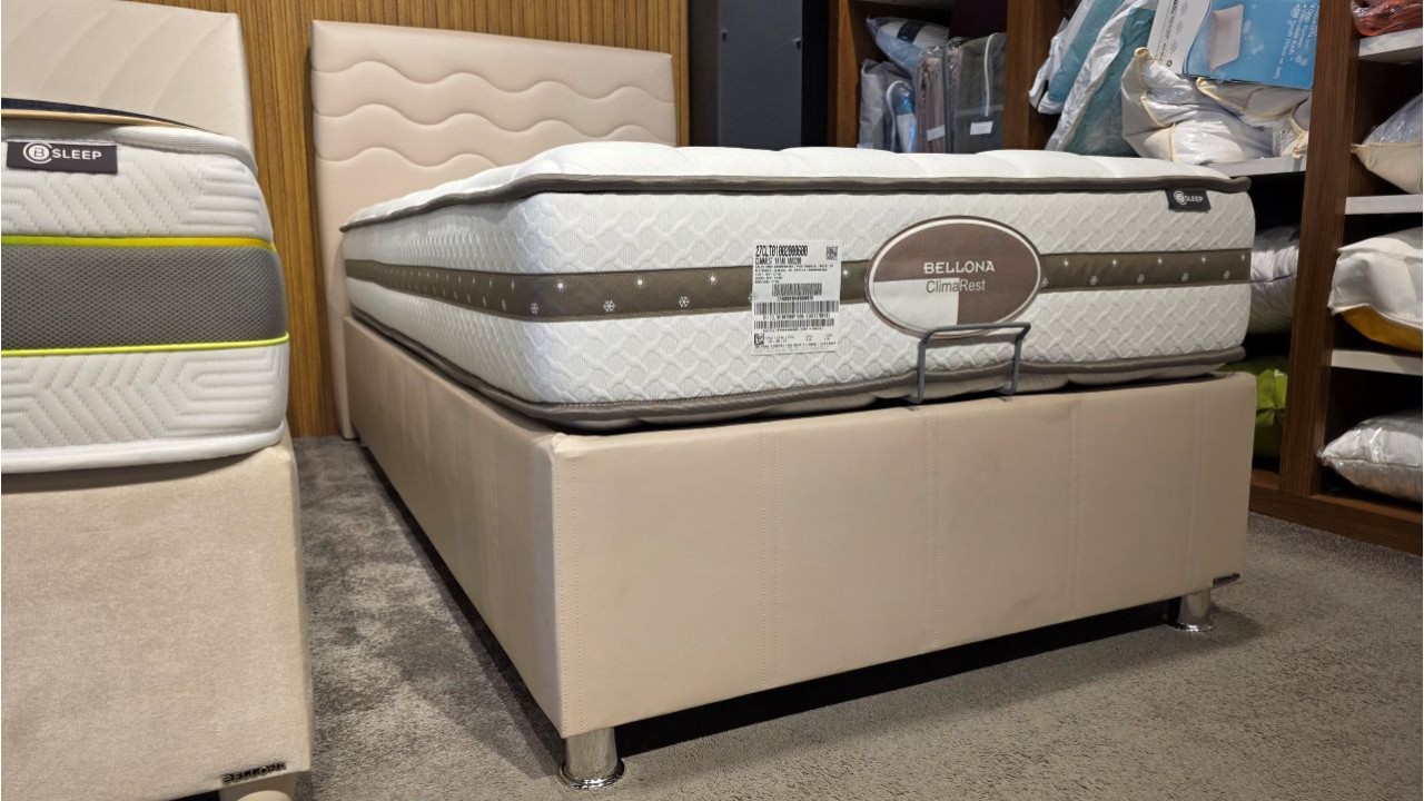 Set Pat tapitat cu lada si somiera rabatabila Twinjoy, 100x200cm, culoare Crem & Saltea ClimaRest BELLONA Paturi tapitate cu ...