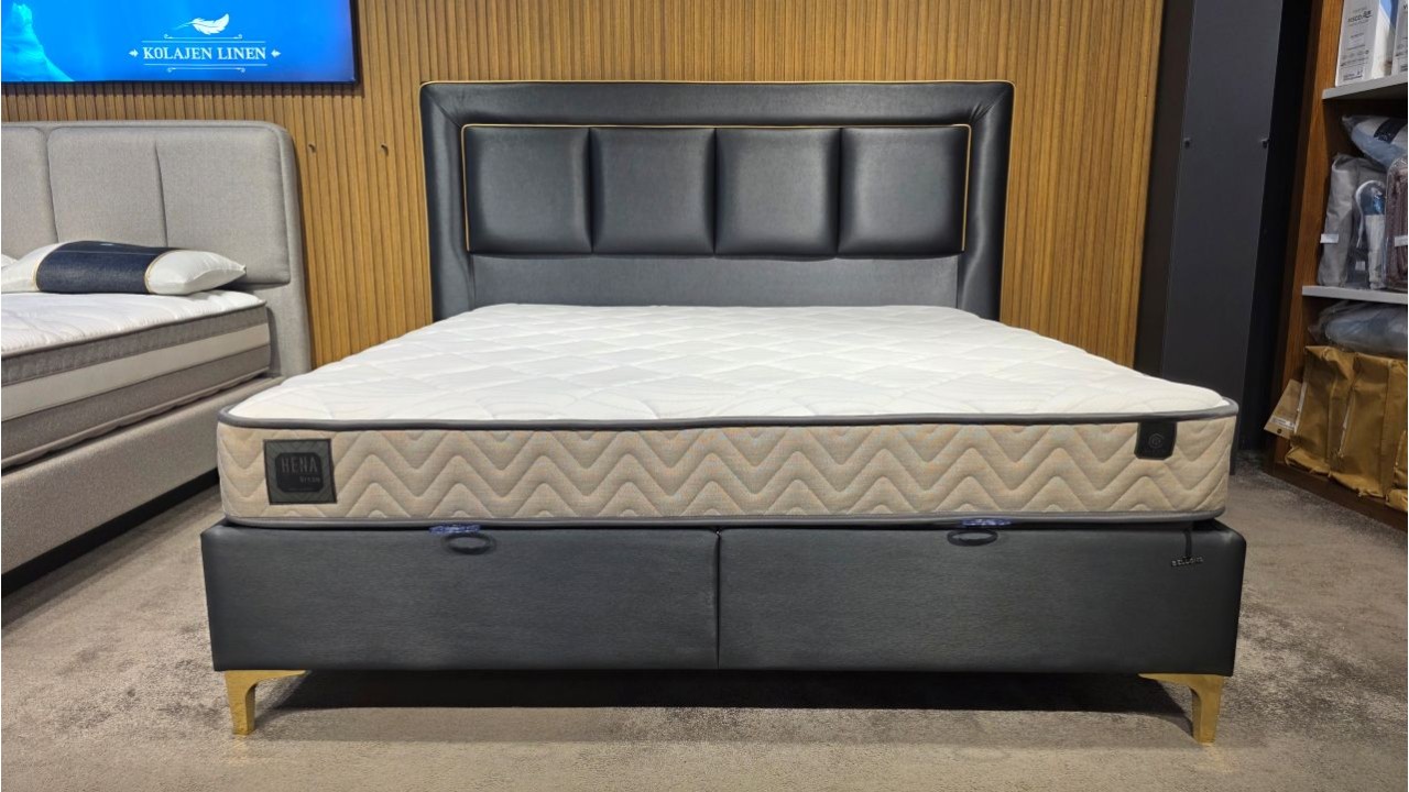 Set Pat tapitat cu lada si somiera rabatabila Carlino, 180x200cm & Saltea Hena Dream BELLONA Paturi tapitate cu lada - IN STOC