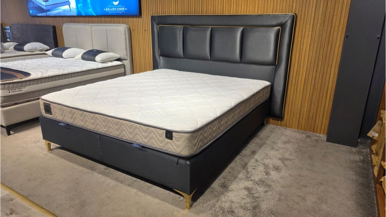 Set Pat tapitat cu lada si somiera rabatabila Carlino, 180x200cm & Saltea Hena Dream BELLONA Paturi tapitate cu lada - IN STOC