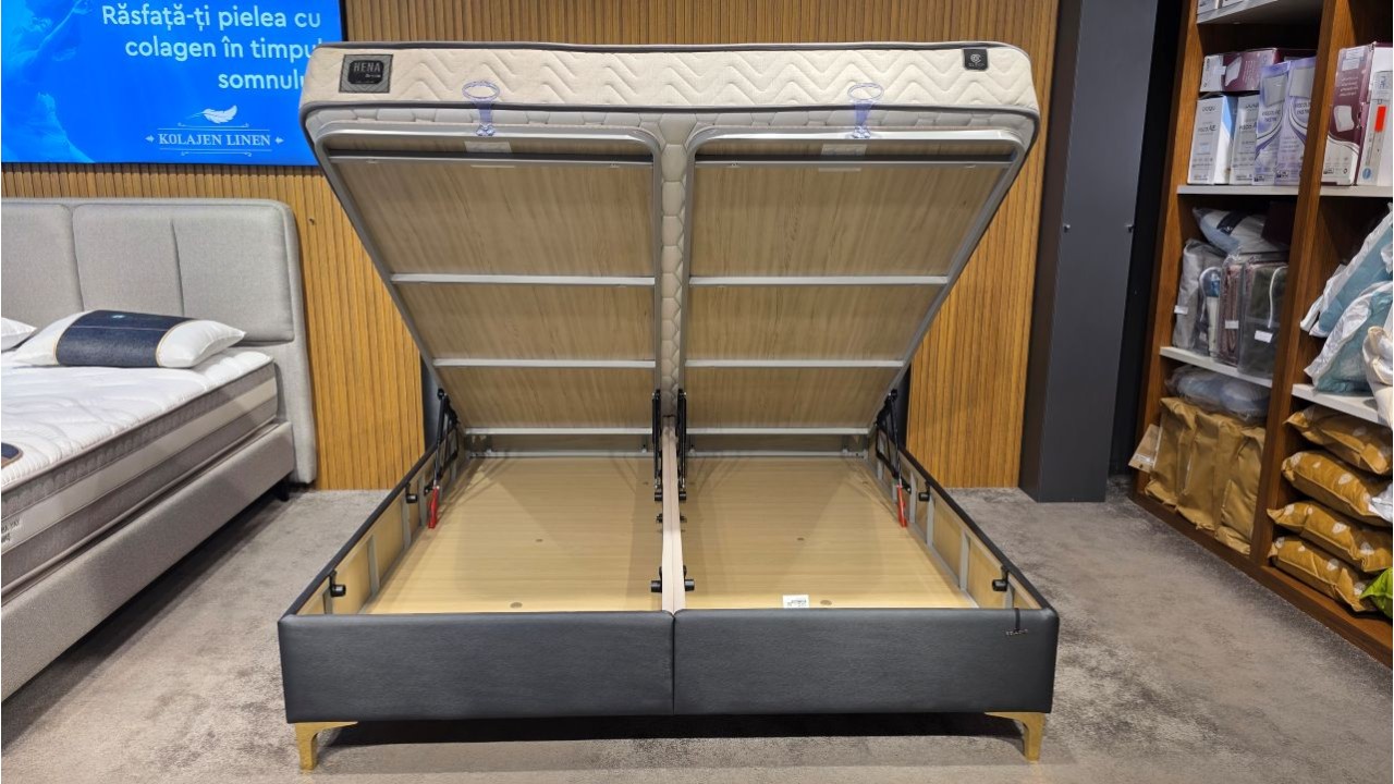 Set Pat tapitat cu lada si somiera rabatabila Carlino, 180x200cm & Saltea Hena Dream BELLONA Paturi tapitate cu lada - IN STOC