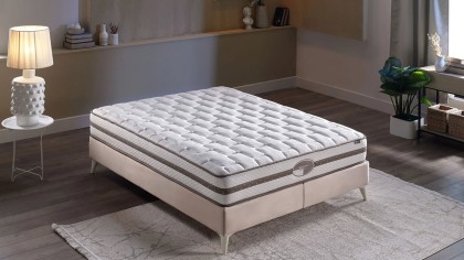 Set Pat tapitat cu lada si somiera rabatabila Twinjoy, 100x200cm, culoare Crem & Saltea ClimaRest BELLONA Paturi tapitate cu ...