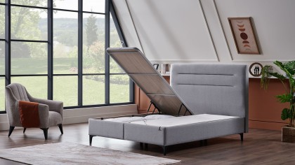 Pat tapitat cu lada de depozitare BCloud, 150x200, culoare Gri, picior Negru BELLONA Paturi Tapitate