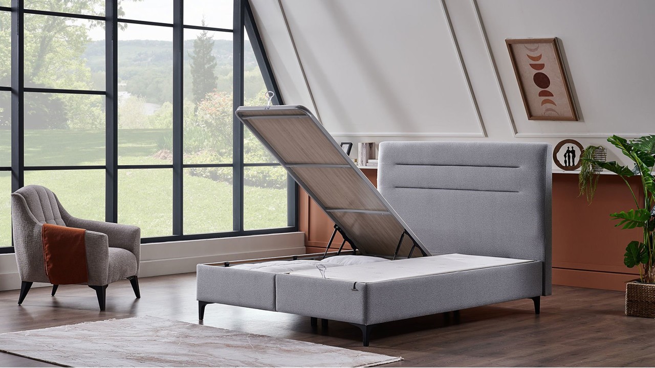 Pat tapitat cu lada de depozitare BCloud, 150x200, culoare Gri, picior Negru BELLONA Paturi Tapitate