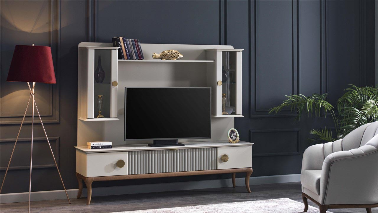 Vitrina Compacta TV Pesaro cu doua module suspendate BELLONA O U T L E T 22PSR3001GOBZ+22PSR3003GOGO+22PSR3005GOBZ