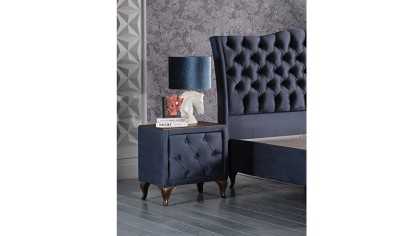 Set Pat tapitat cu lada si somiera rabatabila Estonya, 160x200, culoare Albastru, culoare picior Nuc BELLONA O U T L E T