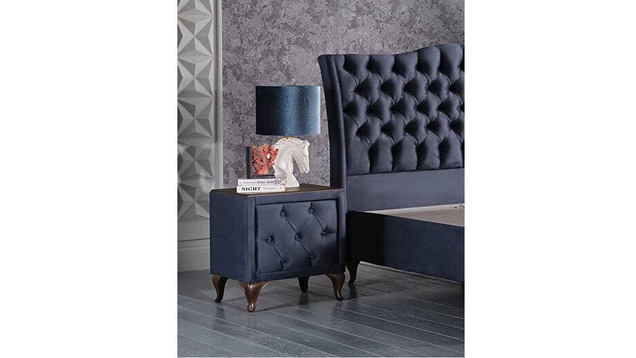 Set Pat tapitat cu lada si somiera rabatabila Estonya, 160x200, culoare Albastru, culoare picior Nuc BELLONA O U T L E T