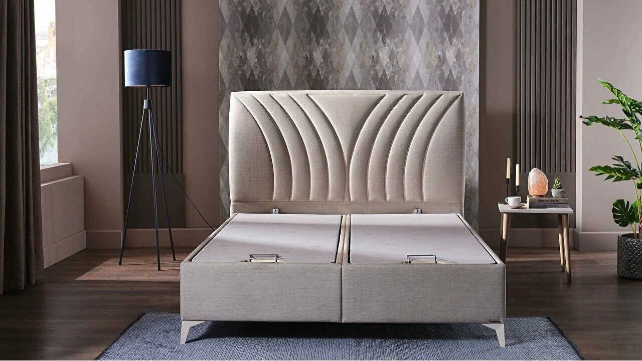 Pat tapitat cu lada de depozitare Verso S, 180x200cm, culoare Crem, picior culoare Fildes BELLONA Paturi tapitate cu lada - L...