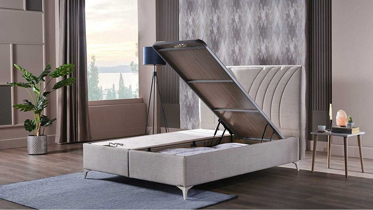 Pat tapitat cu lada de depozitare Verso S, 180x200cm, culoare Crem, picior culoare Fildes BELLONA Paturi tapitate cu lada - L...