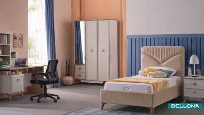 Set Dormitor Tineret Valencia, Sifonier 3 usi, Pat 120x200, culoare Bej/Stejar BELLONA Set Mobilier Tineret