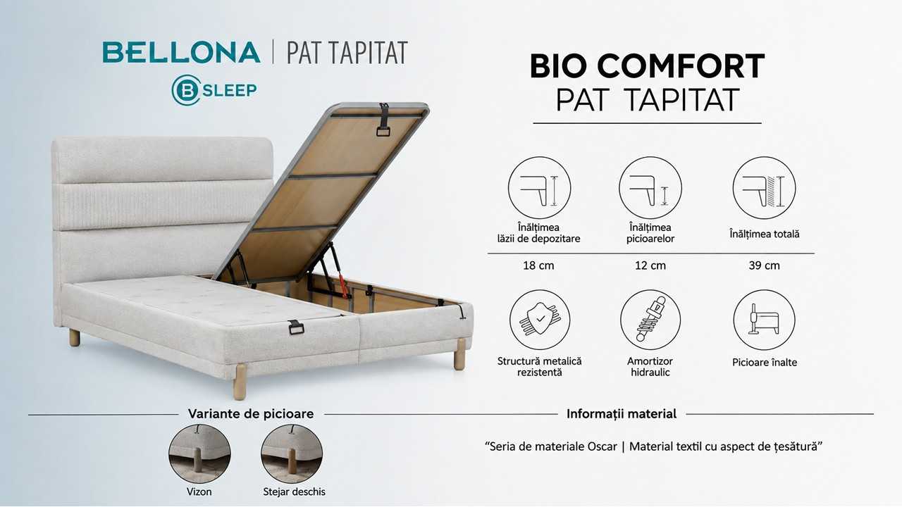 Pat tapitat cu lada si somiera rabatabila Bio Comfort BELLONA Paturi tapitate cu lada - LA COMANDA