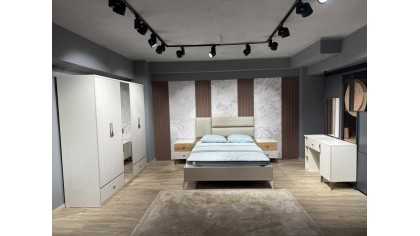 Set Dormitor Pandora, Sifonier 5 usi, Pat 160x200, culoare Fildes-Stejar, Finisaj Bronz Set Dormitor
